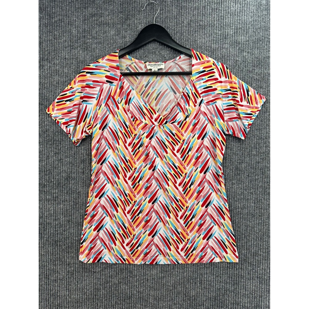 Norm Thompson Top Womens Medium Multi Color Fair Abstract V-Neck Short Sleeve